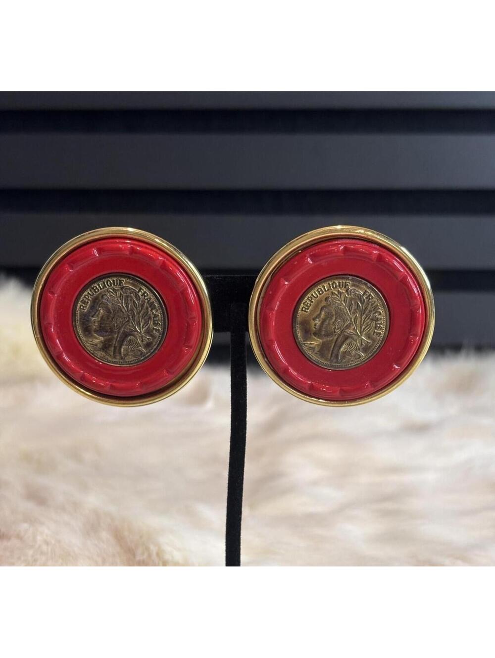 Graziano Clip-On Earrings with Red and Gold Coin Design